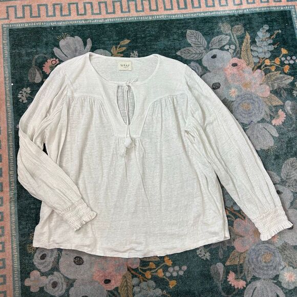 Wrap London Linen Blouse Womens 14 white tassel tie Long Sleeve Peasant large - Picture 8 of 13